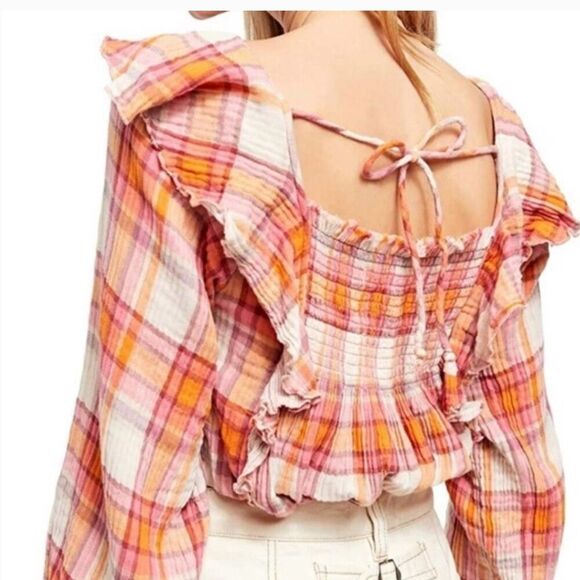 Free People Siena Plaid Pullover Blouse top‎ Size L boho - Picture 2 of 9